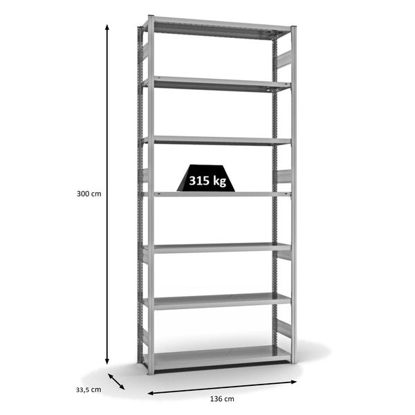 PROREGAL Fachbodenregal Stecksystem T-Profil Heavy-Duty Grundregal HxBxT 300 x 130 x 40 cm 7 Ebenen Fachlast 315 kg Beidseitig Nutzbar Verzinkt
