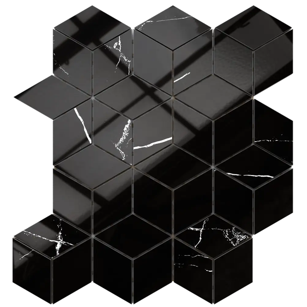 Mosaikfliese in Schwarz mit 3D-Würfeloptik und weißer Marmorierung, glänzende Oberfläche.