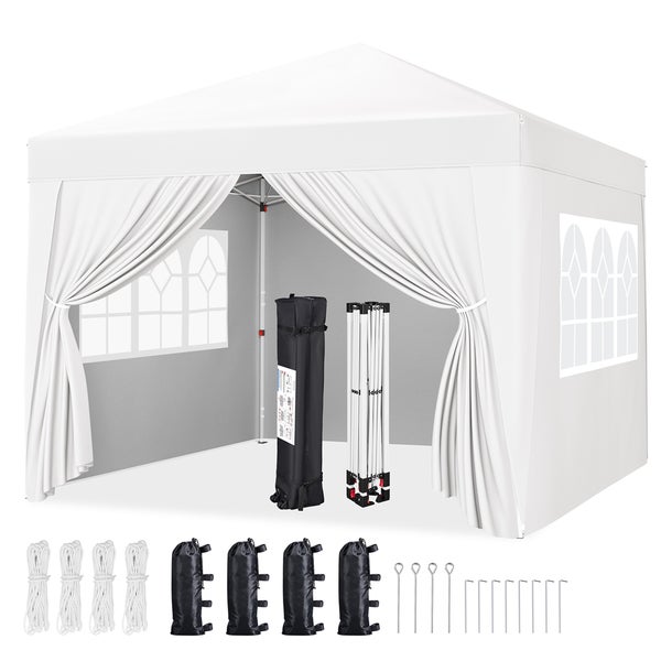 Weißes Faltzelt mit Zubehör wie Heringen, Seilen und Gewichten