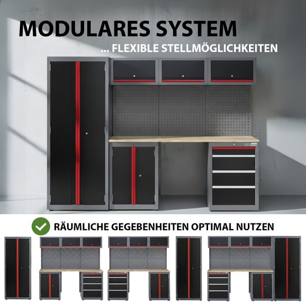 Werkstatteinrichtung mit Schränken, Werkbank und Lochwand