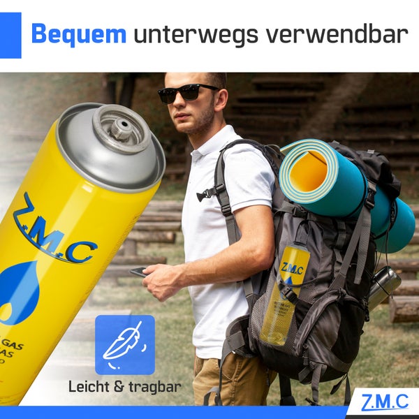 Gelbe Gaskartusche der Marke Z.M.C für den mobilen Einsatz mit Rucksack