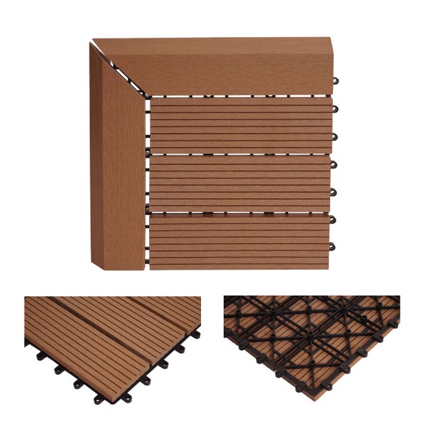 Terrassenfliese aus Holz-Kunststoff-Verbundwerkstoff mit Klicksystem inklusive Abschlusskanten und Ecke, Holzoptik, strukturierte Oberfläche.