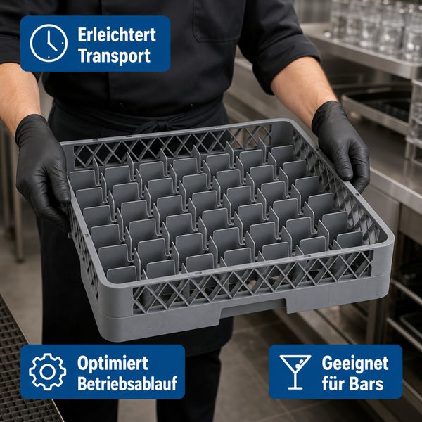 Eine Person hält einen grauen Kunststoff Gläserspülkorb mit Fächern für den professionellen Einsatz in Gastronomie und Barbetrieb.