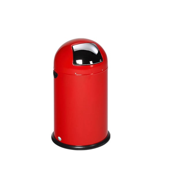 Roter Push-Mülleimer aus Metall mit silberner Einwurfklappe und schwarzem Standring.