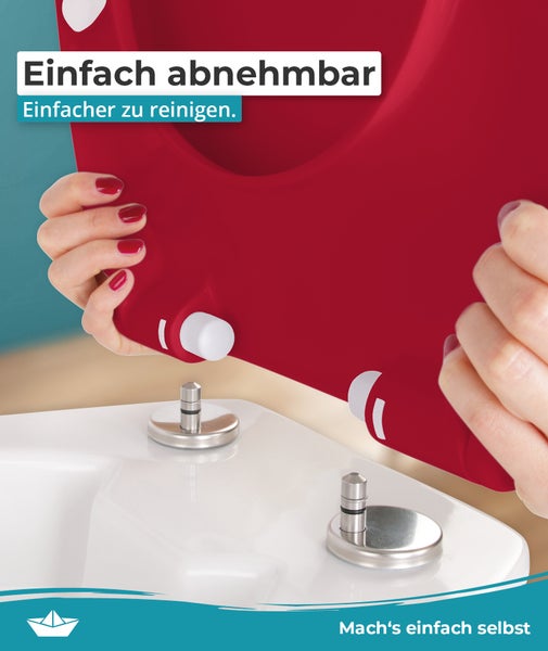 Calmwaters® Premium WC Sitz einfache Montage, Toilettendeckel bis 250 kg, Made in EU, antibakterieller Duroplast, Absenkautomatik, 2 Montage Optionen, abnehmbar, Klobrille, oval, Rot