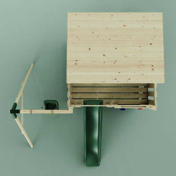 Draufsicht auf ein Kinderspielhaus aus Holz mit Dach, Rutsche und Schaukel.