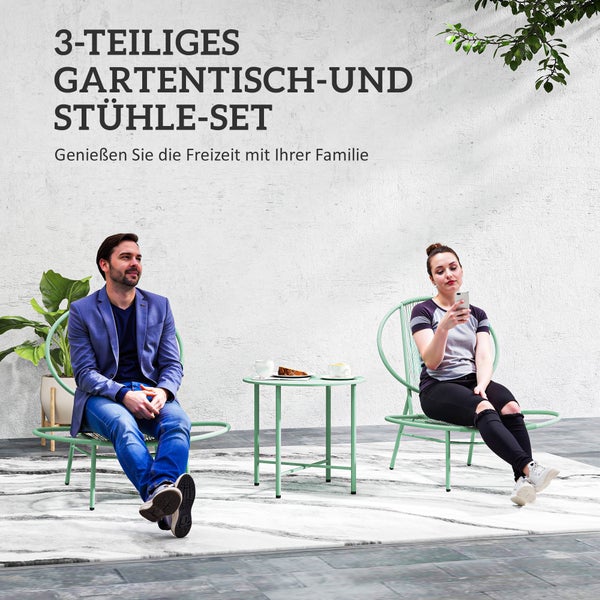 Outsunny Bistro-Set 3-teilig aus Stahl Wetterfest Gartenmöbel Set mit Bistrotisch Ergonomische Muschelförmige Gartenstühlen Outdoor Balkonmöbel Set Sitzgruppe Balkonset Gartengarnitur Grün