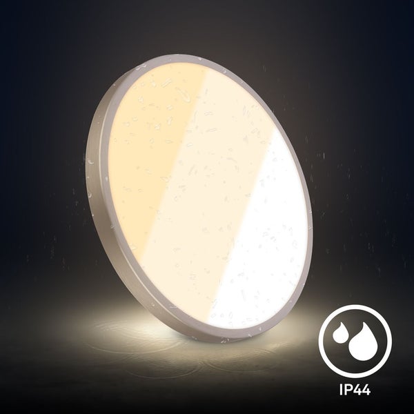 Runde LED Deckenleuchte mit IP44 Schutz gegen Spritzwasser, geeignet für Feuchträume.