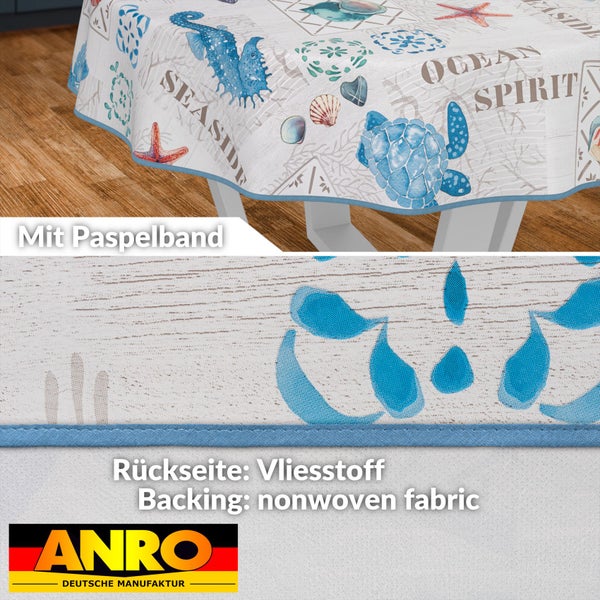 Tischdecke mit Meeresmotiven und Paspelband sowie Rückseite aus Vliesstoff