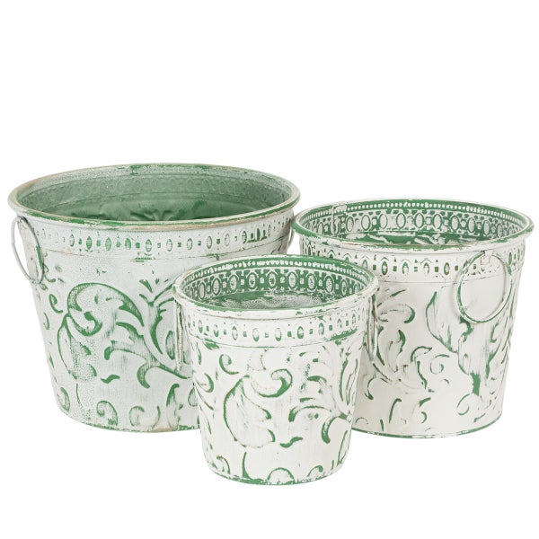 Dreiteiliges Set dekorativer Übertöpfe aus Metall mit grünen Ornamenten im Vintage-Stil und seitlichen Ringgriffen.