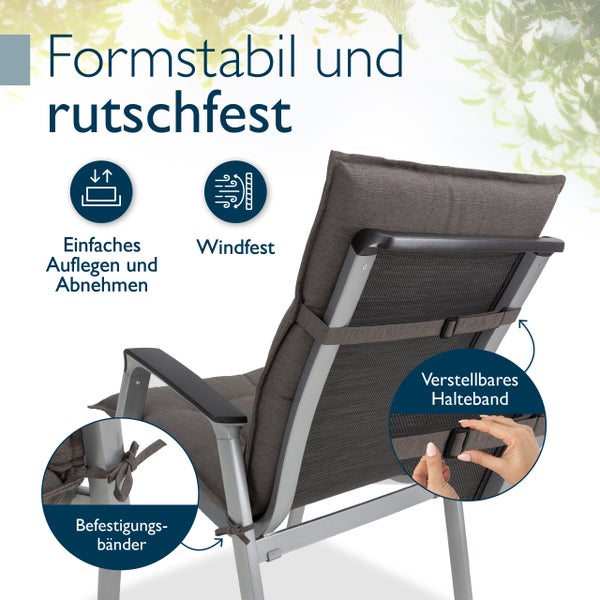 Detailansicht eines Gartenstuhls mit Befestigungsbändern und verstellbarem Halteband