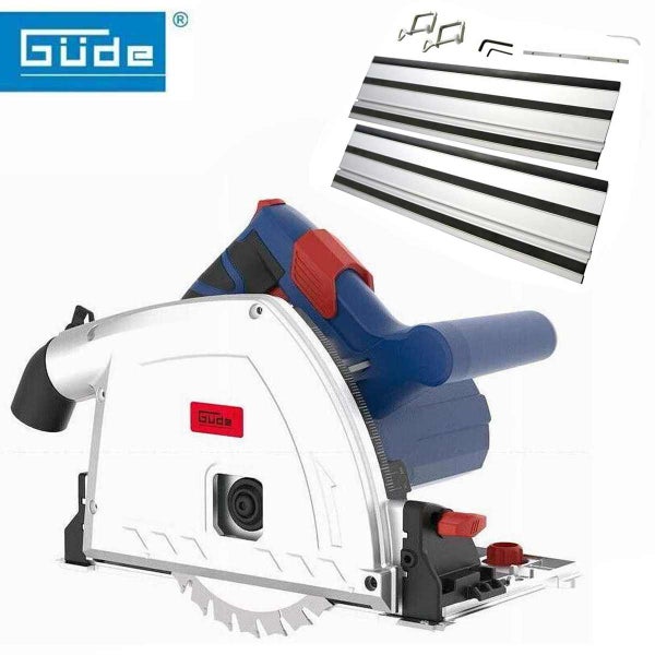Güde Logo. Tauchsäge mit zwei Führungsschienen, Schraubzwingen, Verbindungsstück und Sechskantschlüssel.
