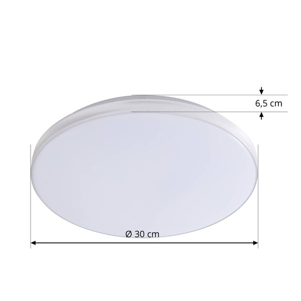 Runde LED-Deckenleuchte mit einem Durchmesser von 30 Zentimetern und einer Höhe von 6,5 Zentimetern.
