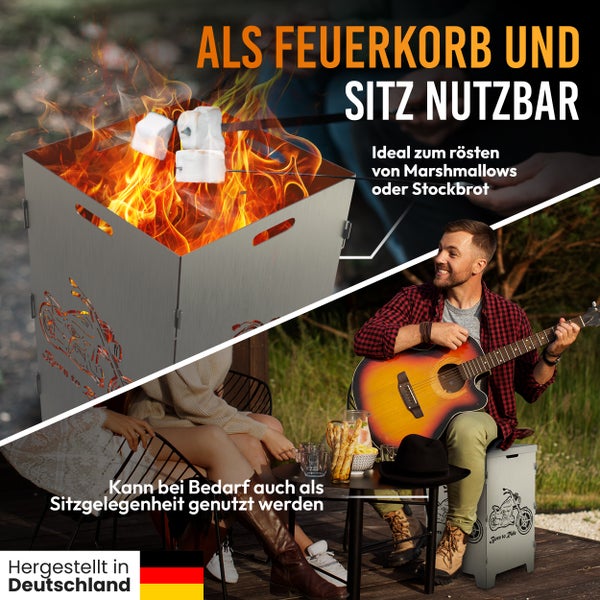 Feuerkorb mit Motorrad Design dient als Sitzgelegenheit und Marshmallow Grill.