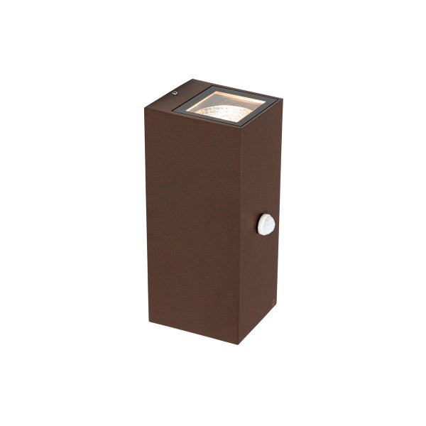 Rechteckige Außenwandleuchte in Rostbraun mit Bewegungsmelder.