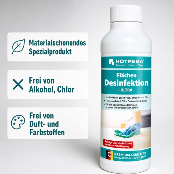 Hotrega Flächendesinfektion Ultra in einer Flasche, materialschonendes Desinfektionsmittel für alle abwaschbaren Flächen, hergestellt in Deutschland.