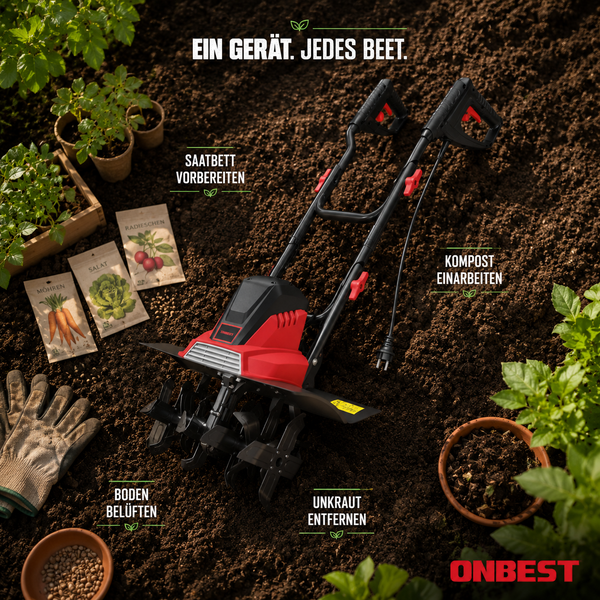Elektrische Gartenfräse im Beet zur Saatbettvorbereitung, Bodenbelüftung und Unkrautentfernung mit Handschuhen und Saatgut. ONBEST Logo.