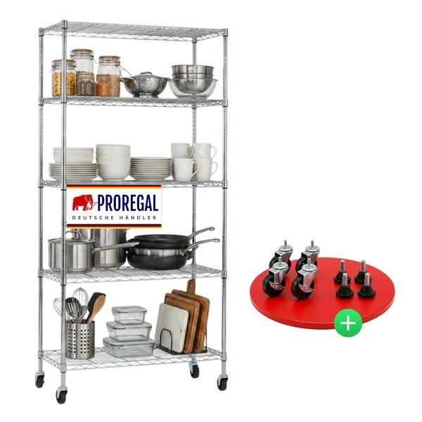 Proregal Drahtregal mit fünf Ebenen, gefüllt mit Küchenutensilien und Behältern. Inklusive optionaler Lenkrollen und verstellbarer Füße. Proregal Logo.