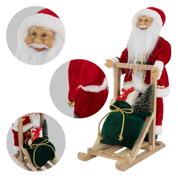 ECD Germany Weihnachtsmann-Figur stehend auf Schlitten, 30x20x50 cm, Polyresin & Holz, Christbaumschmuck Weihnachtsdeko Innen Weihnachtsdekoration Winterdekoration Deko Santa Claus Dekofigur Nikolaus