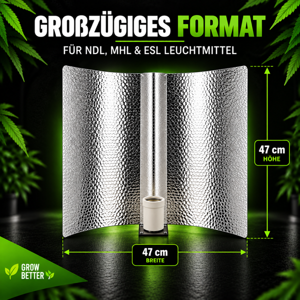 Strukturierter Reflektor mit E40 Fassung für Pflanzenlampen in 47 mal 47 Zentimeter Größe.