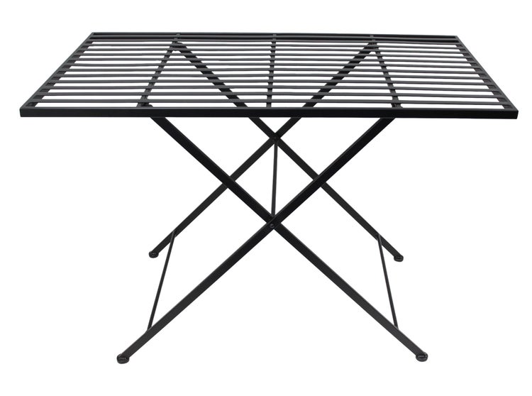 Rechteckiger Metallklapptisch mit Lamellenstruktur als Tischplatte für Garten oder Terrasse.