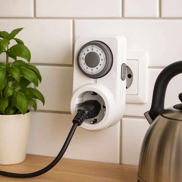 Aufnahme einer Zeitschaltuhr an einer Wandsteckdose mit eingestecktem Stecker.