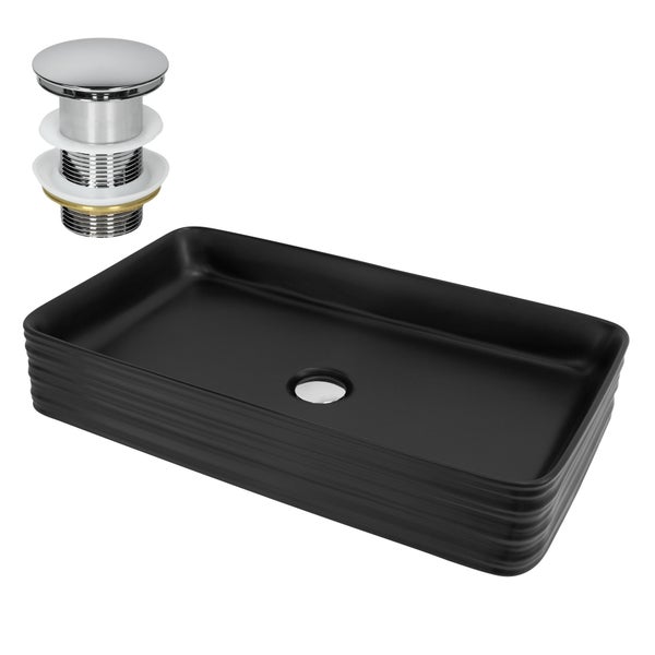 ML-Design Waschbecken aus Keramik Schwarz 68x38x12 cm Eckig inkl. Ablaufgarnitur, Moderne Aufsatzwaschbecken, Design Waschtisch Aufsatz-Waschschale Waschplatz Handwaschbecken, für Badezimmer/Gäste-WC