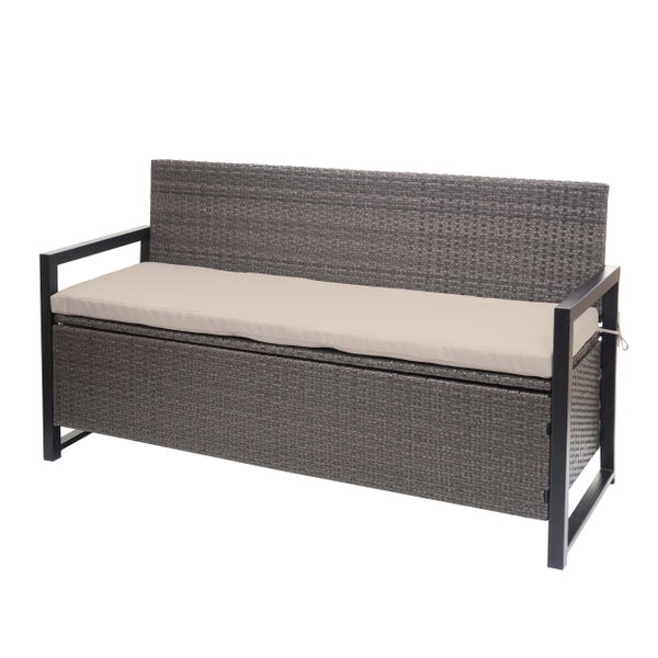 Graue Gartenbank aus Polyrattan-Geflecht mit integrierter Sitztruhe, schwarzem Metallgestell und beigem Sitzkissen.