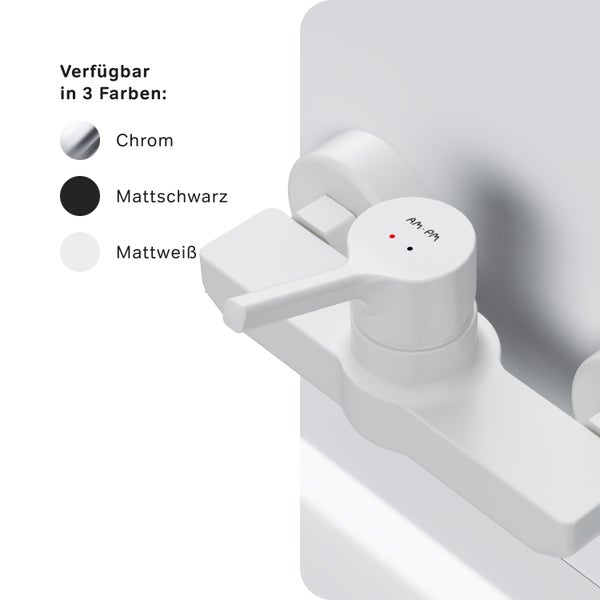 AM PM Armatur mit Montagezubehör und Bedienungsanleitung auf einer Marmoroberfläche zur Veranschaulichung der einfachen Installation.
