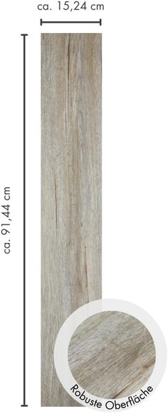 Bodenplanke in Holzoptik mit den Maßen circa 91,44 cm mal 15,24 cm und Detailansicht der robusten Oberfläche.