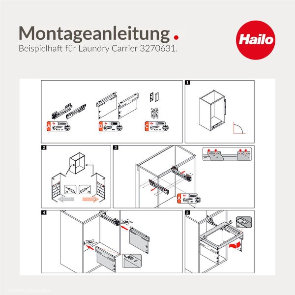 Hailo Logo. Montageanleitung für Laundry Carrier 3270631 mit fünf Schritten zur Installation von Auszugsschienen und Seitenwänden im Schrank.