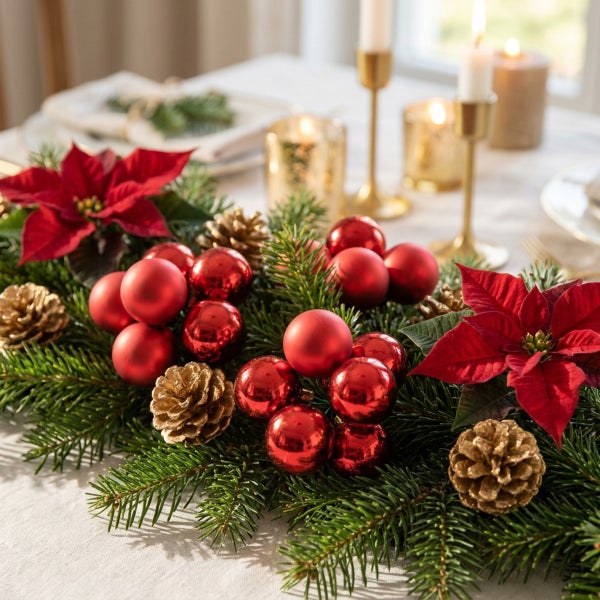 Weihnachtliche Tischdekoration mit Tannenzweigen, roten Weihnachtskugeln, Poinsettien und goldenen Tannenzapfen auf einem gedeckten Tisch.