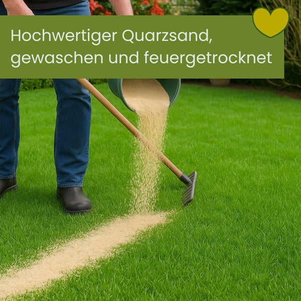 Eine Person verteilt Quarzsand auf einem Rasen mit einem Streuwagen