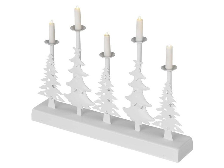 LED Lichterbogen aus Metall mit fünf Tannenbaum Motiven und elektrischen Kerzen als Weihnachtsdekoration