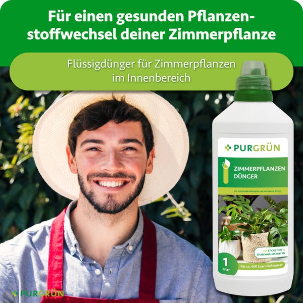 Eine Flasche Purgrün Zimmerpflanzendünger mit ein Liter Inhalt neben einem lächelnden Mann mit Sonnenhut und Schürze.
