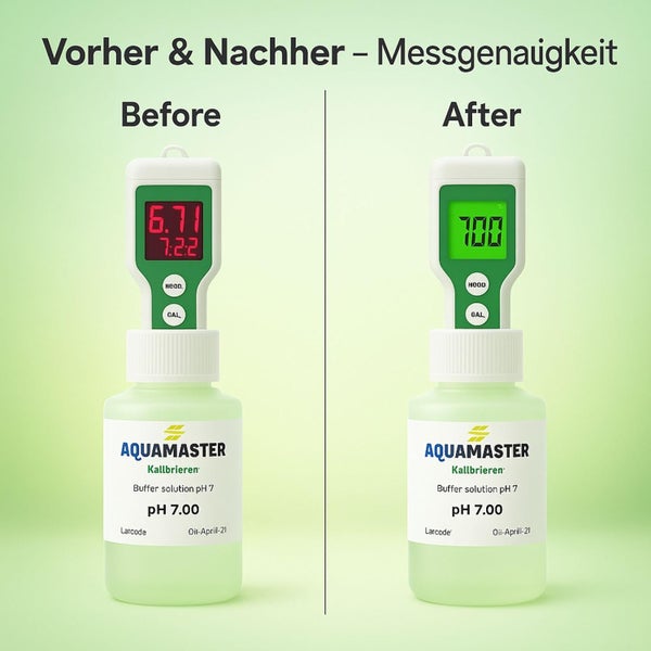 Vorher-Nachher-Vergleich der Messgenauigkeit eines Aquamaster pH-Meters bei der Kalibrierung in einer pH-Wert 7,00 Pufferlösung.