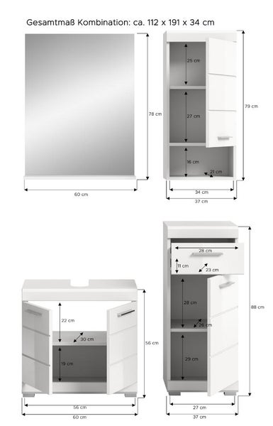 Maßzeichnung Badezimmermöbel Set circa 112 mal 191 mal 34 Zentimeter mit Maßen für Spiegel, Hängeschrank, Unterschrank und Seitenschrank.