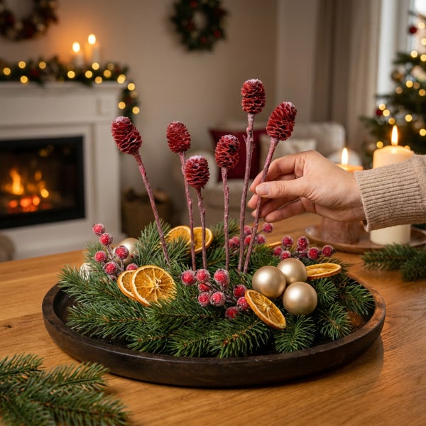 Weihnachtliche Tischdekoration mit Tannenzweigen, getrockneten Orangenscheiben, Dekokugeln, Beeren und Tannenzapfen auf einem runden Holztablett.