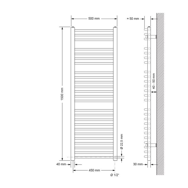 ECD Germany Badheizkörper Elektrisch mit Heizstab 1200W Große Leistung - 500 x 1500 mm - Chrom - gebogen mit Seitenanschluss - Heizkörper Handtuchwärmer Handtuchtrockner
