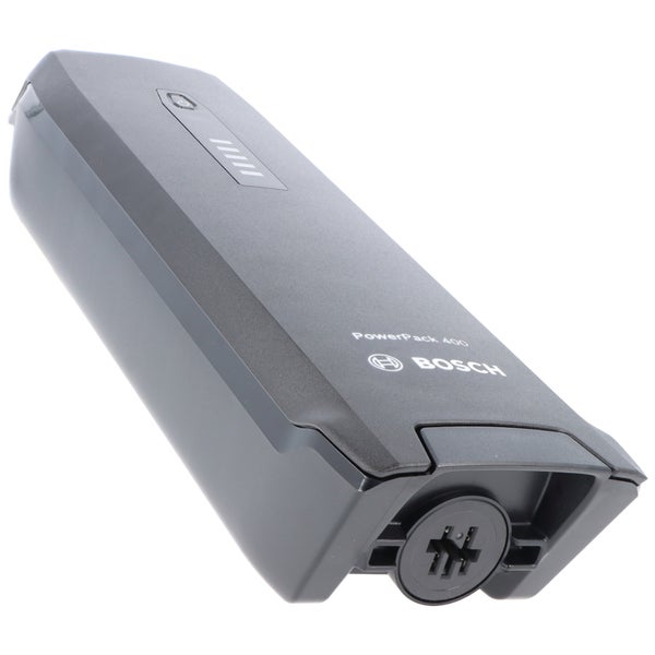 Bosch Akku PowerPack 400 für Elektrofahrräder mit Ladezustandsanzeige, Einschaltknopf und Anschlussbuchse. Bosch Logo.