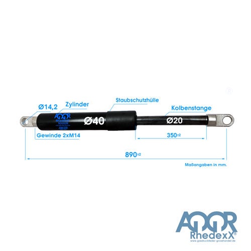 Gasdruckfeder: Gesamtlänge 890 Millimeter, Zylinder 40 Millimeter, Kolbenstange 20 Millimeter. AQOR Rhedexx Logo.