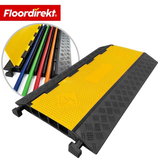 Floordirekt Logo. Kabelbrücke aus Gummi mit fünf Kanälen, gelber Klappdeckel, rutschfeste Oberfläche und Warnsymbol für Elektrizität.