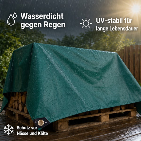 Wasserdichte Abdeckplane für Brennholz auf einer Palette, UV stabil und kältebeständig als Schutz vor Regen und Witterungseinflüssen.