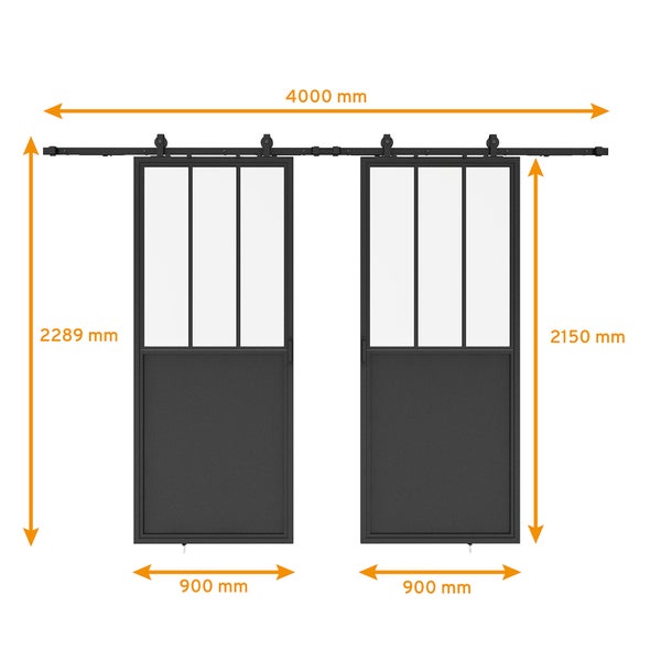 Loftschiebetür Doppelflügelig 1800x2150mm Klarglas Stahl in schwarz mit Glaseinsatz, Komplettset