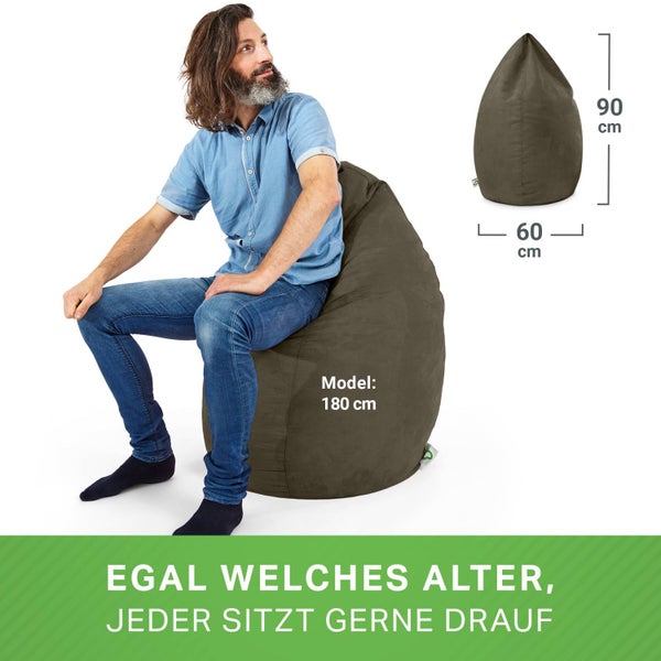 Green Bean Sitzsack mit Rückenlehne 60x60x90cm - Indoor Sitzkissen 220L Füllung Kuschelig Waschbar - Bean Bag Bodenkissen Lounge Chair Sitzhocker - Khaki