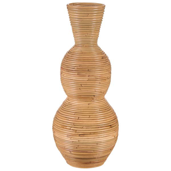 Bodenvase aus geflochtenem Bambus mit drei bauchigen Segmenten in natürlicher Optik.