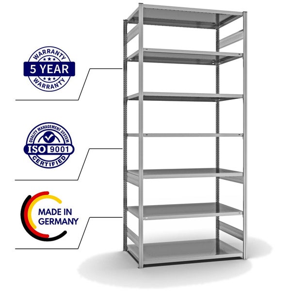 PROREGAL Fachbodenregal Stecksystem T-Profil Medium-Duty Grundregal HxBxT 300 x 130 x 80 cm 7 Ebenen Fachlast 240 kg Beidseitig Nutzbar Verzinkt