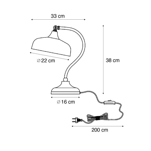 Maßskizze Tischleuchte: Höhe 38 Zentimeter, Breite 33 Zentimeter, Schirmdurchmesser 22 Zentimeter, Fuß 16 Zentimeter, Kabellänge 200 Zentimeter.