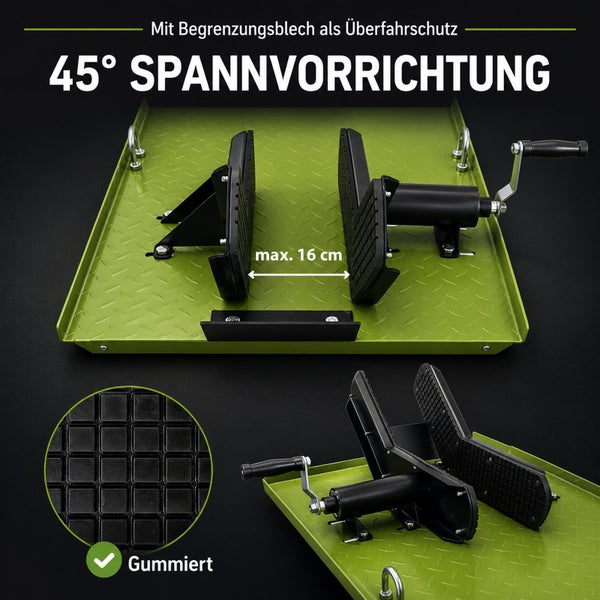 45 Grad Spannvorrichtung mit gummierter Klemmfläche und Handkurbel, maximale Klemmbreite 16 Zentimeter, auf Trägerplatte mit Riffelblechprofil.