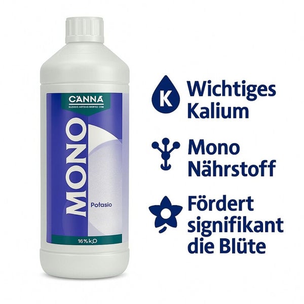 Canna Mono Kalium Duengerflasche mit Details zu den Produkteigenschaften fuer die Pflanzenpflege